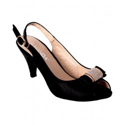 Black Shimmer Bow Sling Back Peep Toe Sandals RG-072